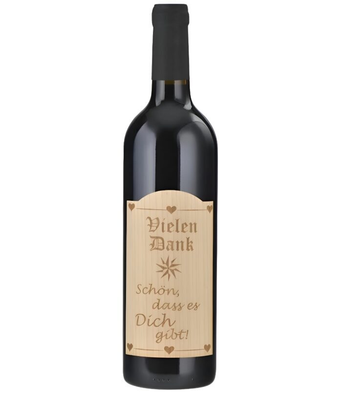 Rotwein Salento Primitivo Holzgravur "Vielen Dank"