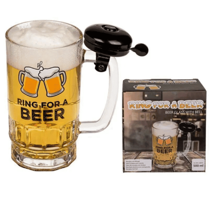 Bierglas mit Spruch und Klingel